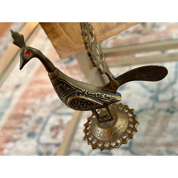 Vintage Solid Brass Peacock Figurine Etched Bird Card Holder Boho Animal Display - Picture 7 of 10